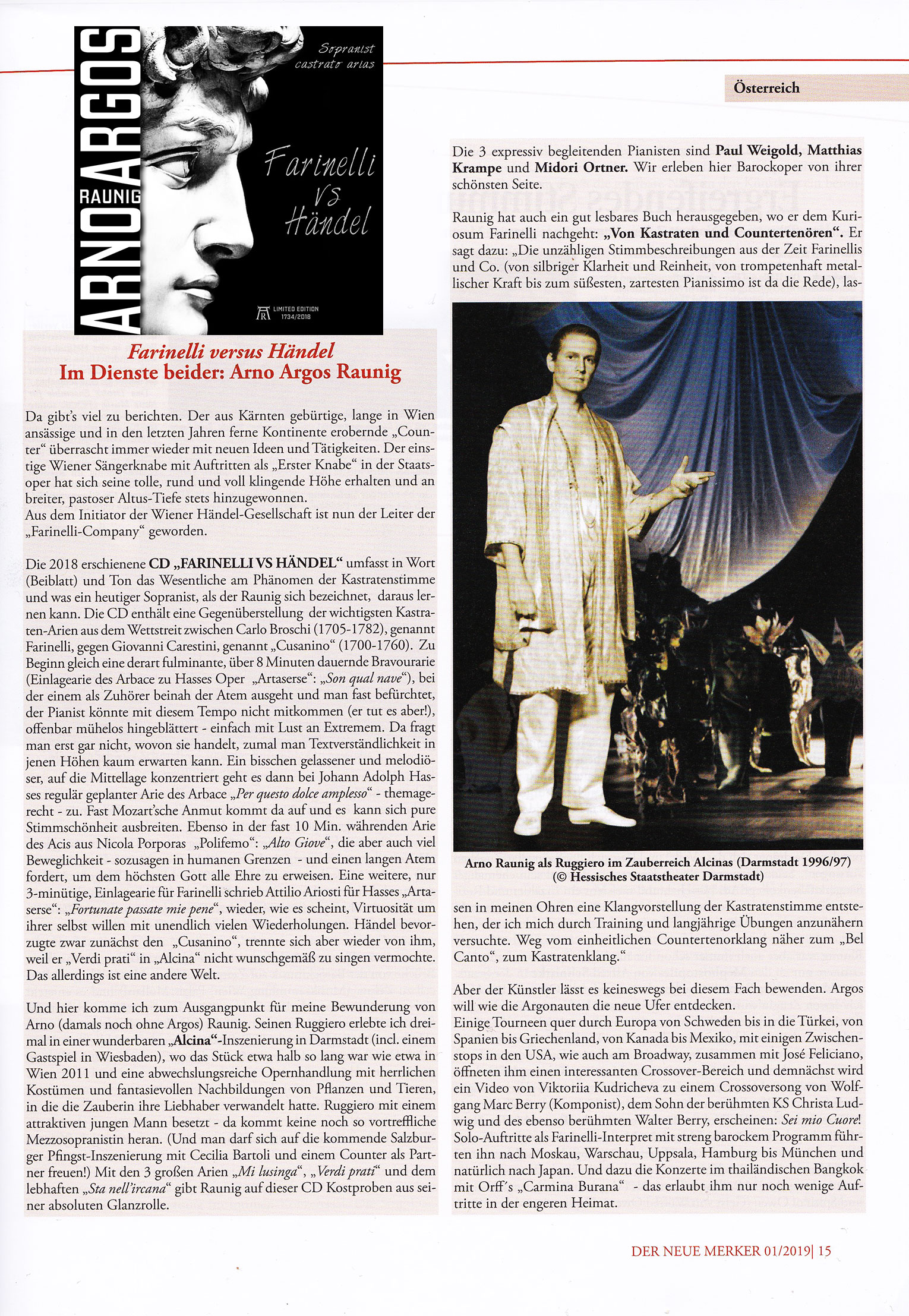 Großes Interview mit Arno Argos Raunig «Farinelli versus Händel» in Merker - Opernzeitung