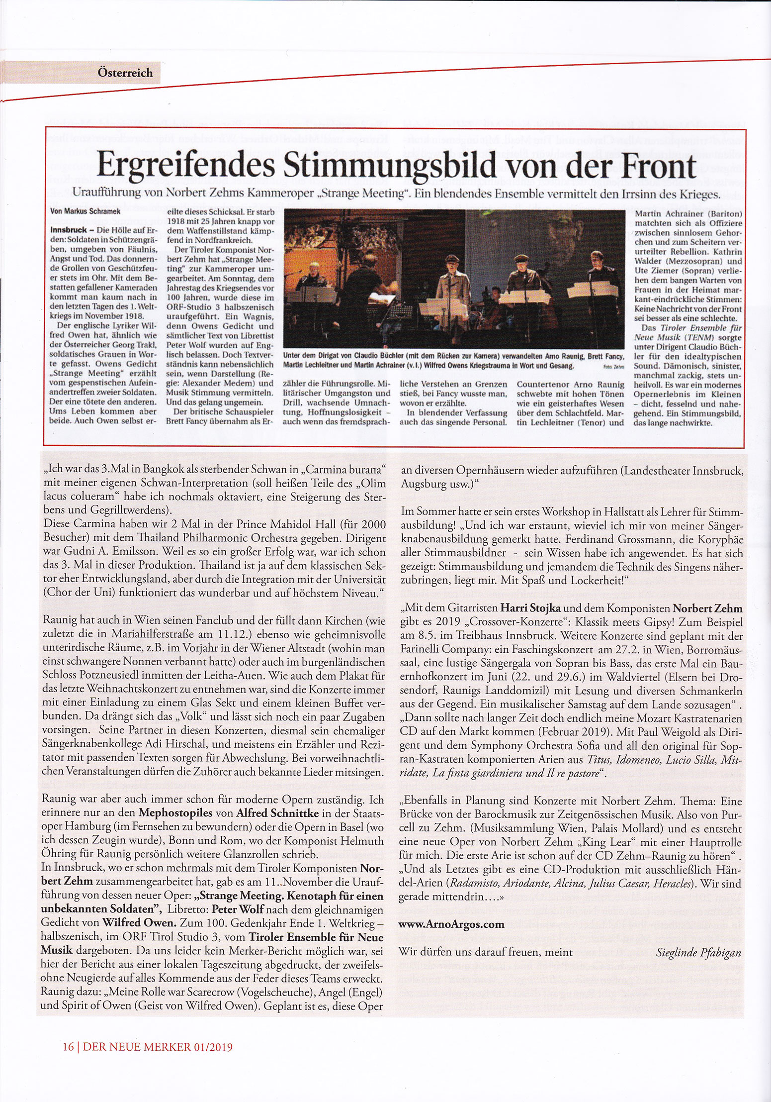 Großes Interview mit Arno Argos Raunig «Farinelli versus Händel» in Merker - Opernzeitung